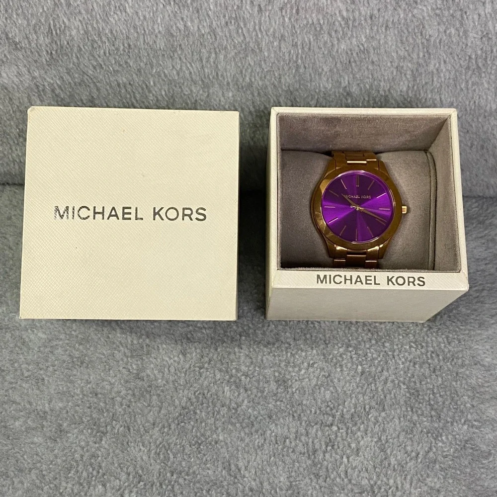 Michael Kors Watch‎ Women Rose Gold Purple Slim Runway MK-3293 Luxe Chic EUC